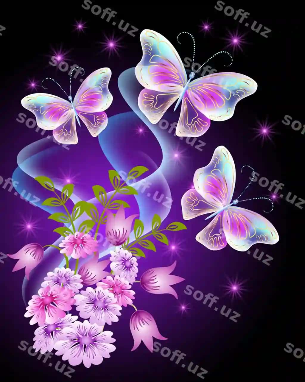 Shaffof kapalaklar gulli porloq yulduzlar tabriknomasi | Transparent butterflies with flowers shiny stars greeting card
