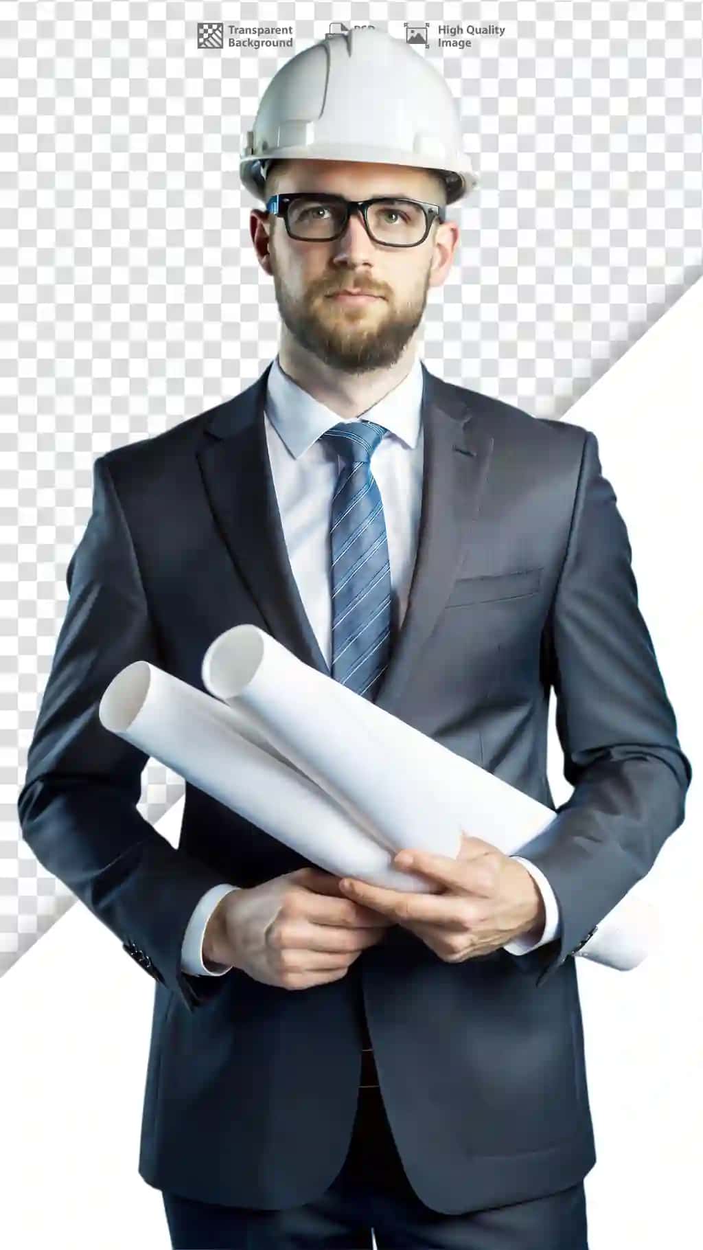 O'ziga ishongan erkak me'mor shlyapa kostyumi chizmalarini ushlab turadi | Confident male architect holding blueprints suit hard hat