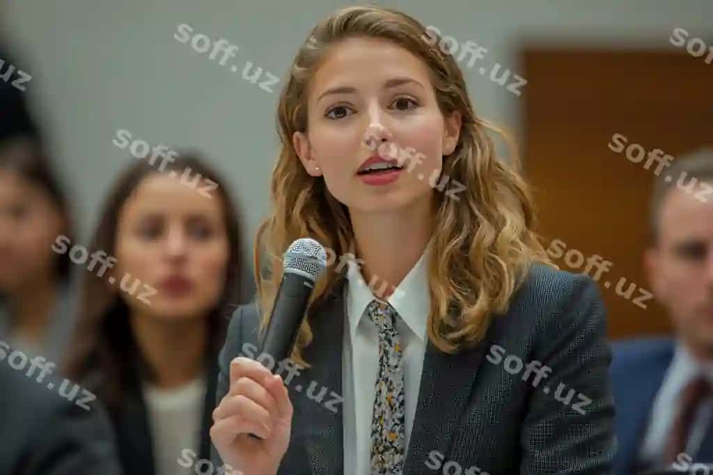 Amerikalik biznes-xotira mikrofon bilan qo'lida prezentatsiya taqdim etmoqda. | American businesswoman giving presentation with microphone hand