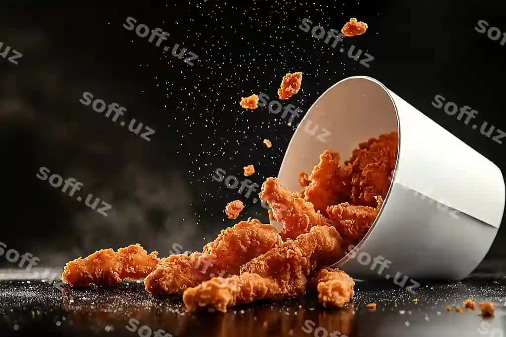 Oq qog'oz kartondan chiqib chamanayotgan tovuq sochilalari | Bucket chicken strips spilling out from white paper box