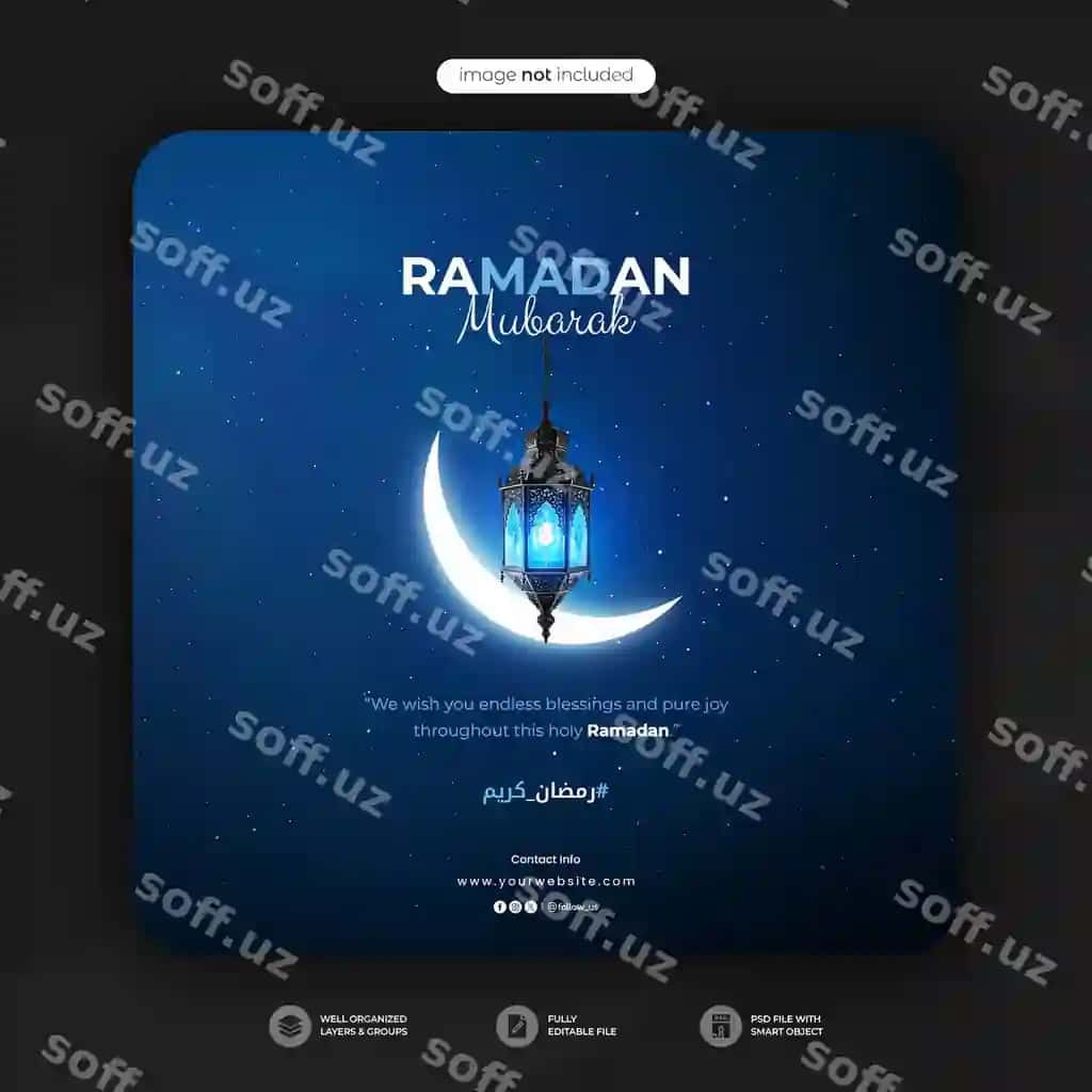 Bayramiy Ramazon Muborak ijtimoiy tarmoqlar uchun yorqinlovchi post shabloni | Festive ramadan mubarak social media post template with glowing 2