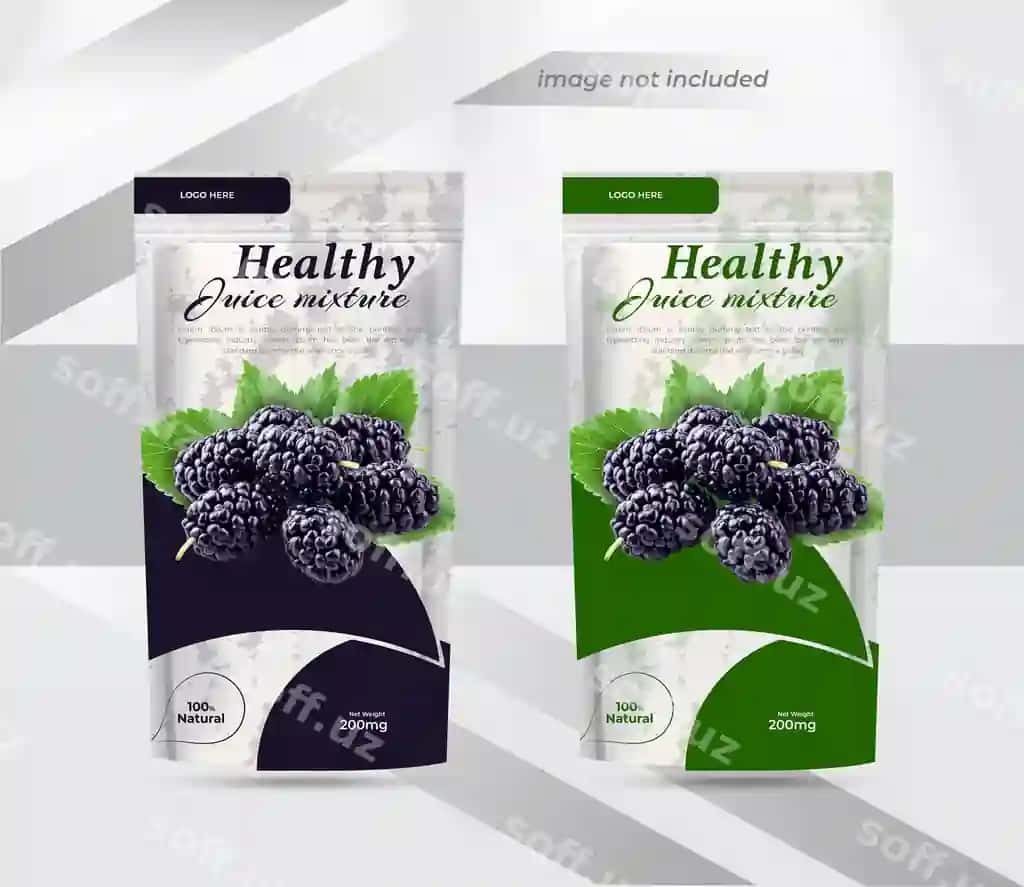 Sog'liq meva shirinliyi mahsulot qadoqlash tik turadigan qadoq dizayn shabloni | Healthy fruit juice product packaging stand up pouch design template