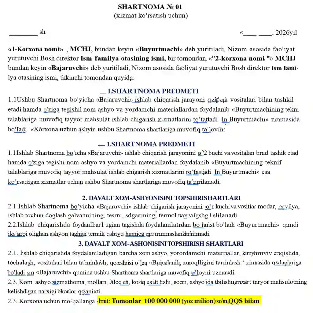 Ishlab chiqarishda qoliplar buyurtmachi tomonidan taqdim etilganda tuziladigan shartnoma