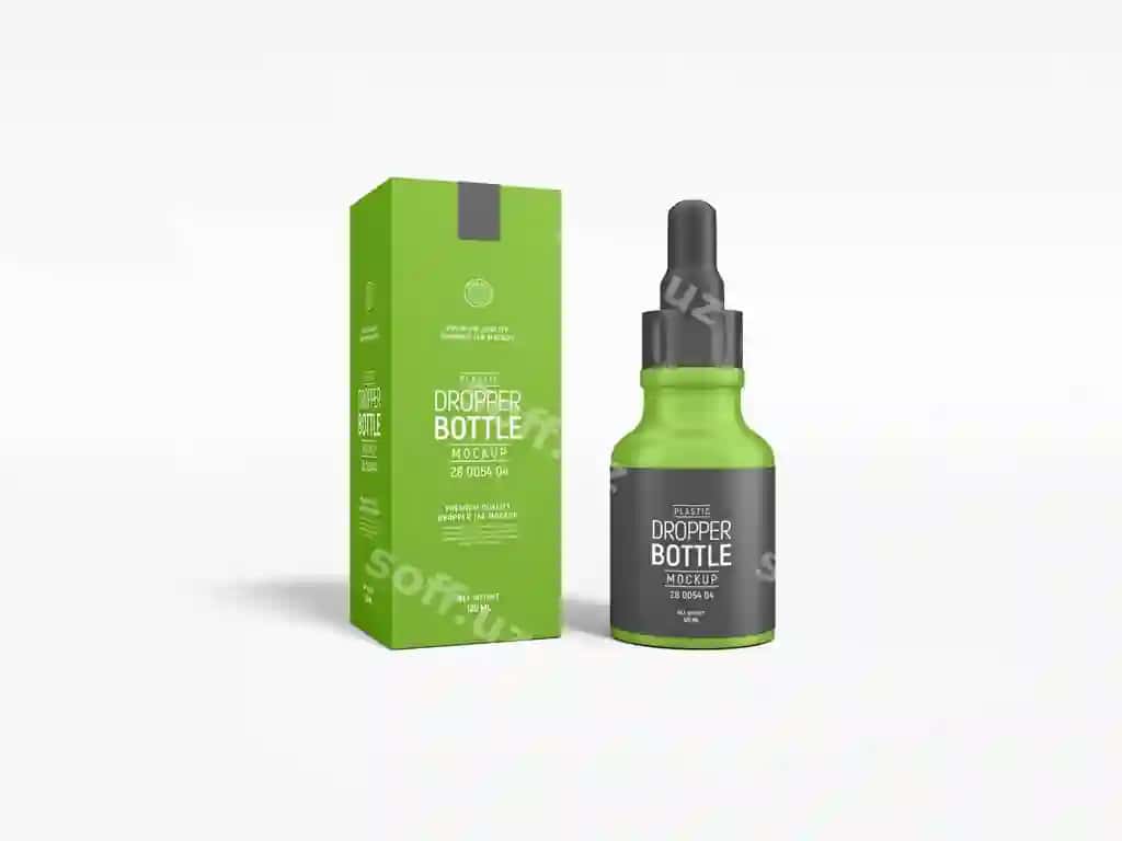 Parlak shisha kosmetik mohim moy damalatgichli shisha idish brend namunasi | Glossy glass cosmetic essential oil dropper bottle branding mockup 2