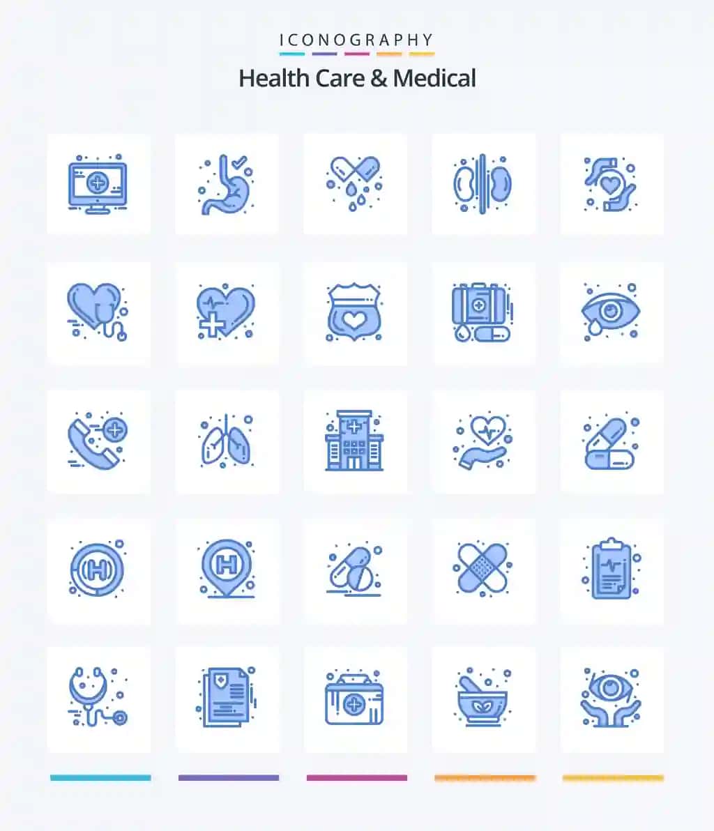 Ijodiy sog'liqni saqlash tibbiy 25 ko'k piktogramma to'plami, masalan, yurakni parvarish qilish | Creative health care medical 25 blue icon pack such as care heart