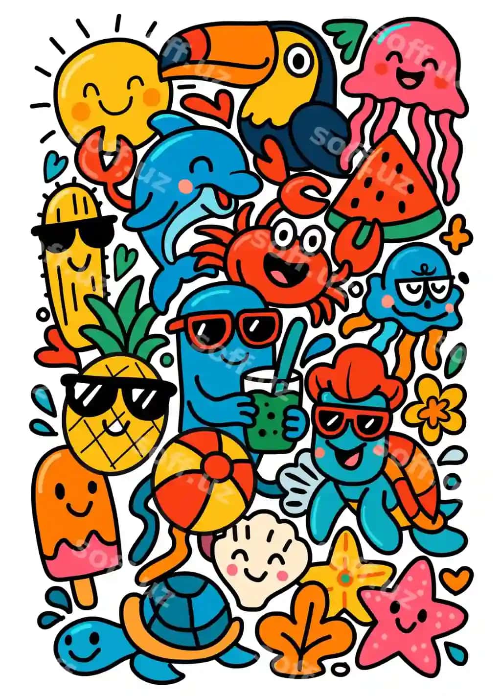 Gulchi quyosh tukanon buzmuncha delfin krab tarvuz ananas turt | Smiling sun toucan jellyfish dolphin crab watermelon pineapple turtle 2