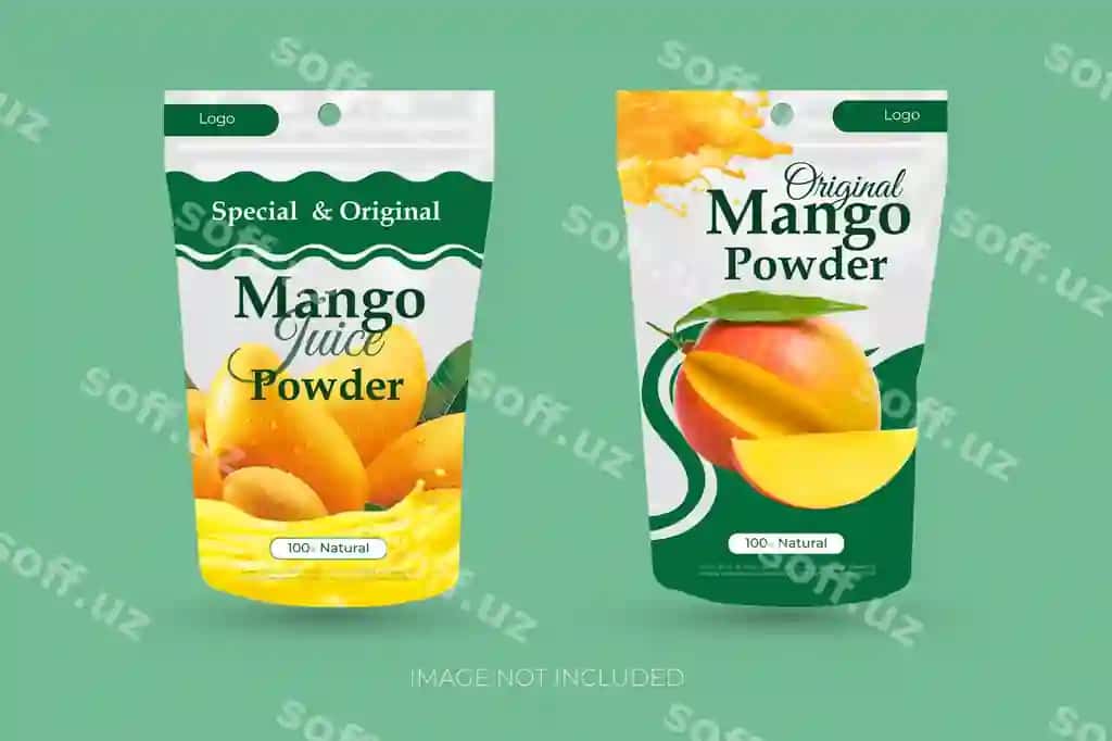Pouç paket dizayni mango shirin choy pudra tahrir qilish mumkin joylashuvi ikki bilan | Pouch packaging design mango juice powder editable layout with 2