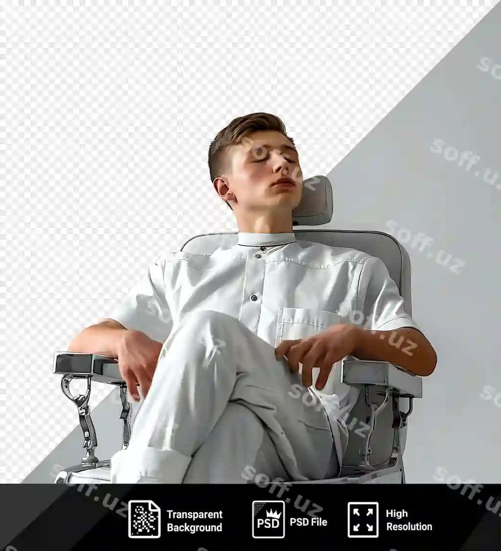 Psd charchagan yosh erkak soch ochuvchi oq kaltakat kiygan soch ochuvchi kiymasi | Psd tired young male barber wearing white shirt barber aprshowing