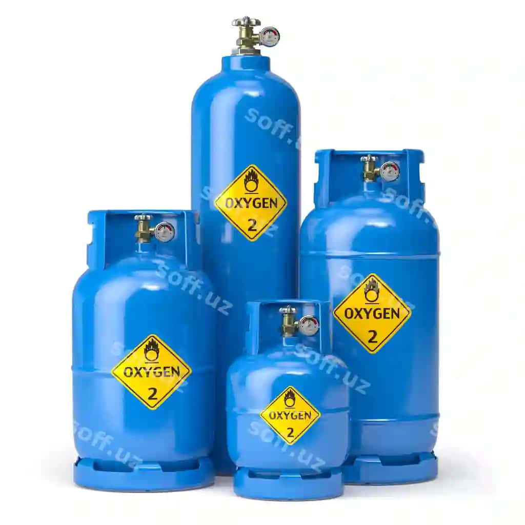 Kislorod gaz tanklari, kontenery, silindrlar har xil hajmda, ajralangan oq rangli | Oxygen gas tanks containers cilinders different size isolated white