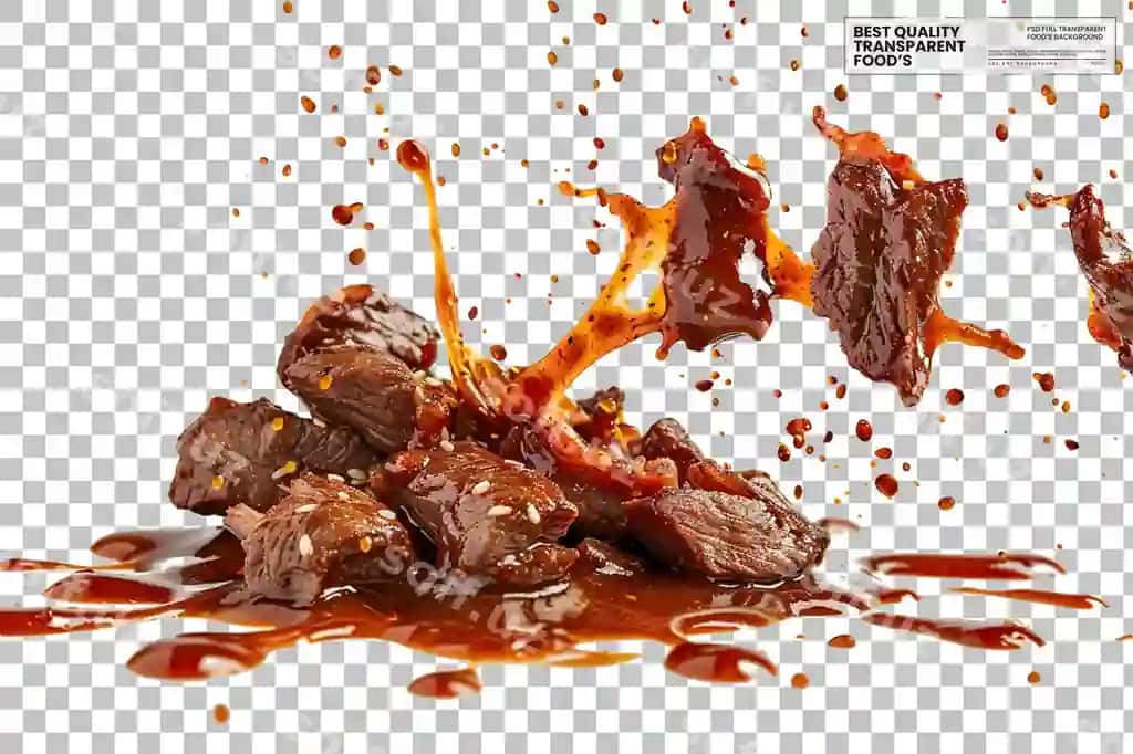 Olovliq koreys BBQ goshti voltirirchi gochujang sosiyni shaffof ravishda splsh etish | Spicy korean bbq beef flying gochujang sauce splash transparent