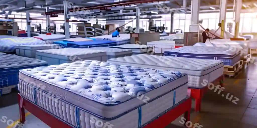 Ichki matras fabrikasi bir necha matras namoyishi ochiq tashkilotilgan fikr matras fabrikasi namoyilangan matraslar tashkilotilgan fikr ochiq interyer | Inside mattress factory with multiple mattresses display bright organized space concept mattress factory displayed mattresses organized space bright interior
