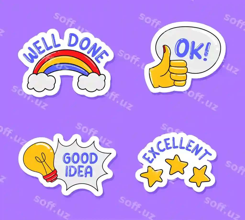 Rang-barang qolqopli yaxshi ish stikerlar to'plami | Colorful hand drawn good job stickers collection
