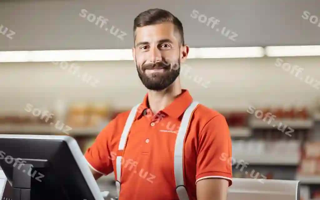 Kassir erkak supermarket oldi cheque apparat ajralgan oq fonda | Cashier man supermarket front bill machine isolated white background