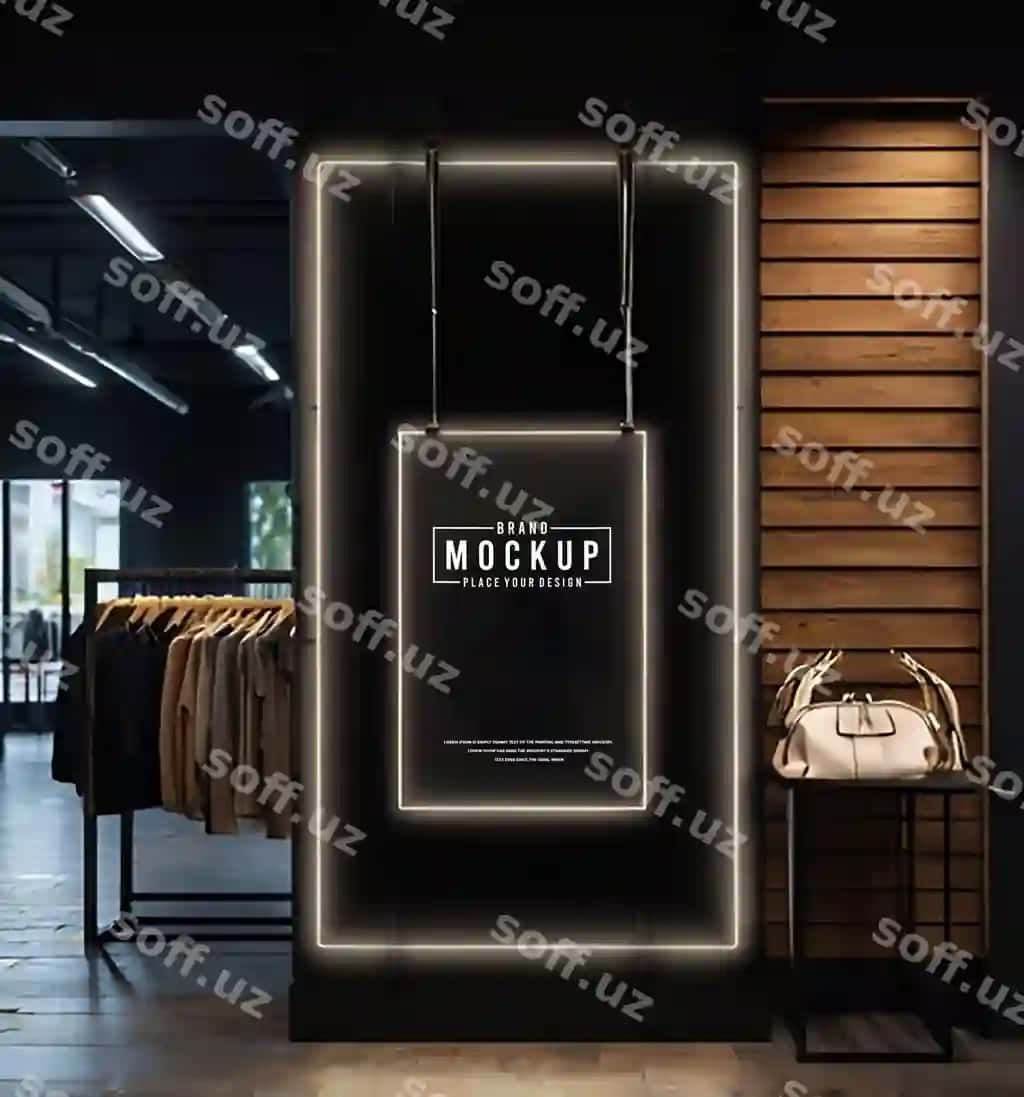 Qora namuna do'kon namunasi mato asib turgan va neon chiroq bilan | Black mockup store mockup with cloth hanging with neon light