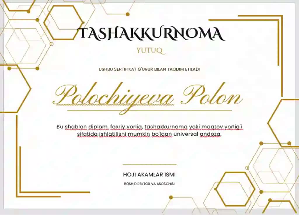 TASHAKKURNOMA shablon tayyor andoza 3