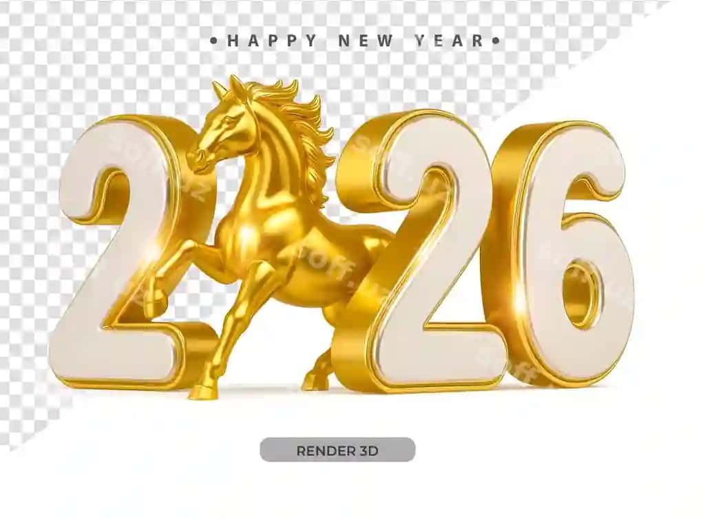 2026 yangi yil bilan, oltin at bilan 3D render | Happy new year 2026 with golden horse 3d render 2