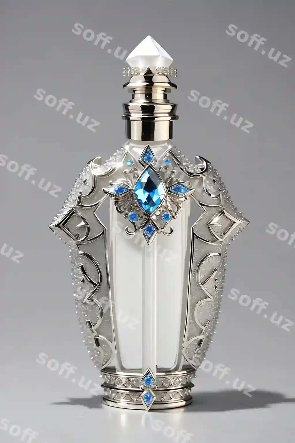 Oq parfum shisha shamshir shaklida, kumush hindikitiklar shaklida bo'lgan bezaklar bilan. | White perfume bottle shaped as sword with silver accents shaped like gems