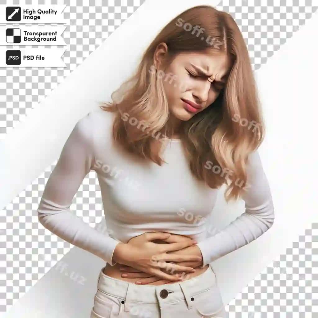 Psd ayol cho'ka og'rigi shaffof fon bilan tahrir qilish mumkin | Psd woman with stomach pain transparent background with editable