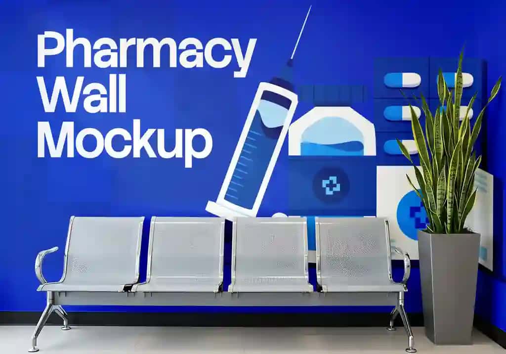 Tibbiy devor maketi bilan dorixona kutish maydoni | Pharmacy waiting area with medical wall mockup