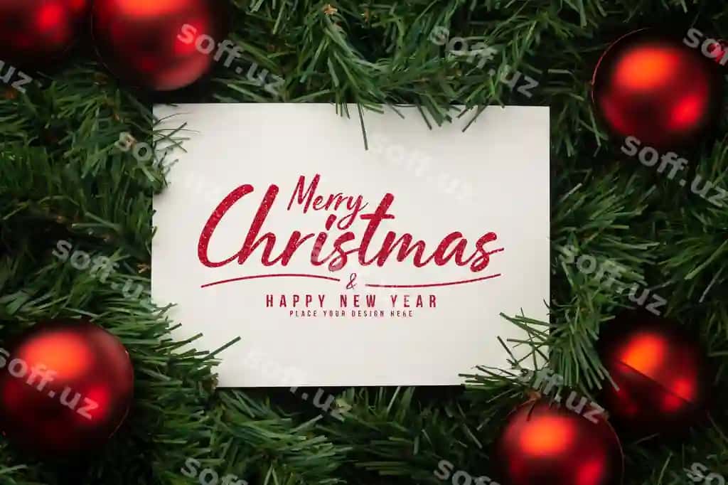 Baxromli Christmas qog'ozdagi eslatma namunasi chinar barglari dekoratsiyalari bilan | Merry christmas paper note mockup with pine leaves decorations