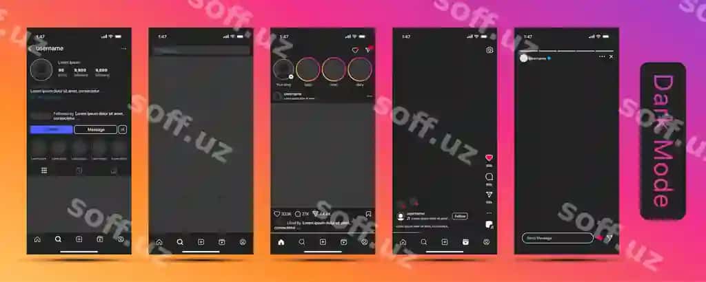 Instagram qora rejim foydalanuvchi interfeysi kiti | Instagram dark mode ui kit