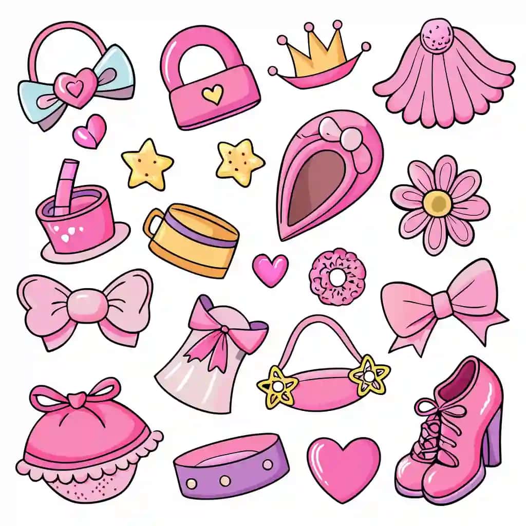 Qo'lda chizilgan pushti qizlar aksessuarlari to'plami kamon poyabzallari shapka yuraklari | Handdrawn pink girls accessories set bows shoes hats hearts