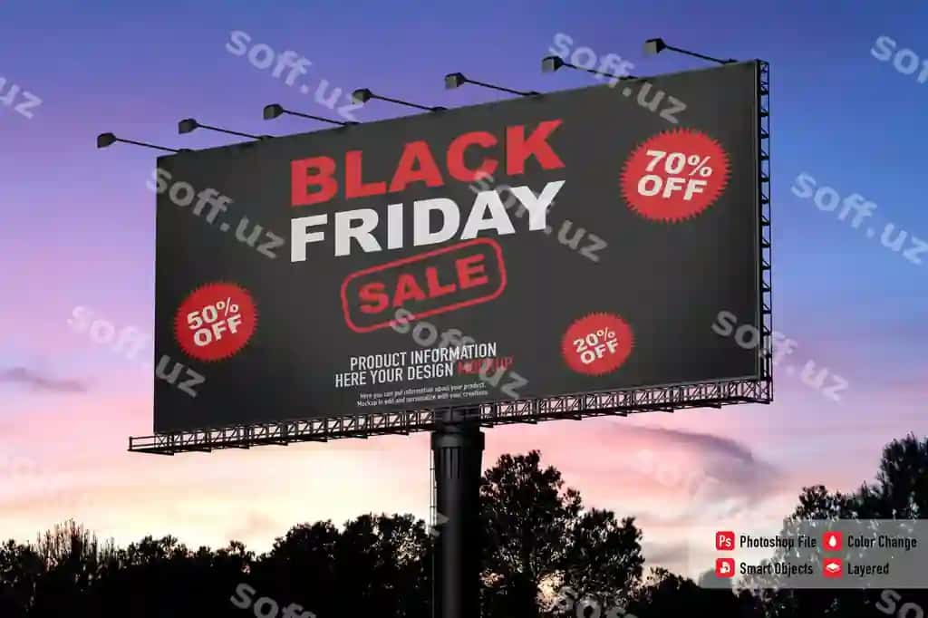Tashqi baner namunasi Qora Juma bilan botmaqor osmon | Exterior banner mockup black friday with sunset sky 2