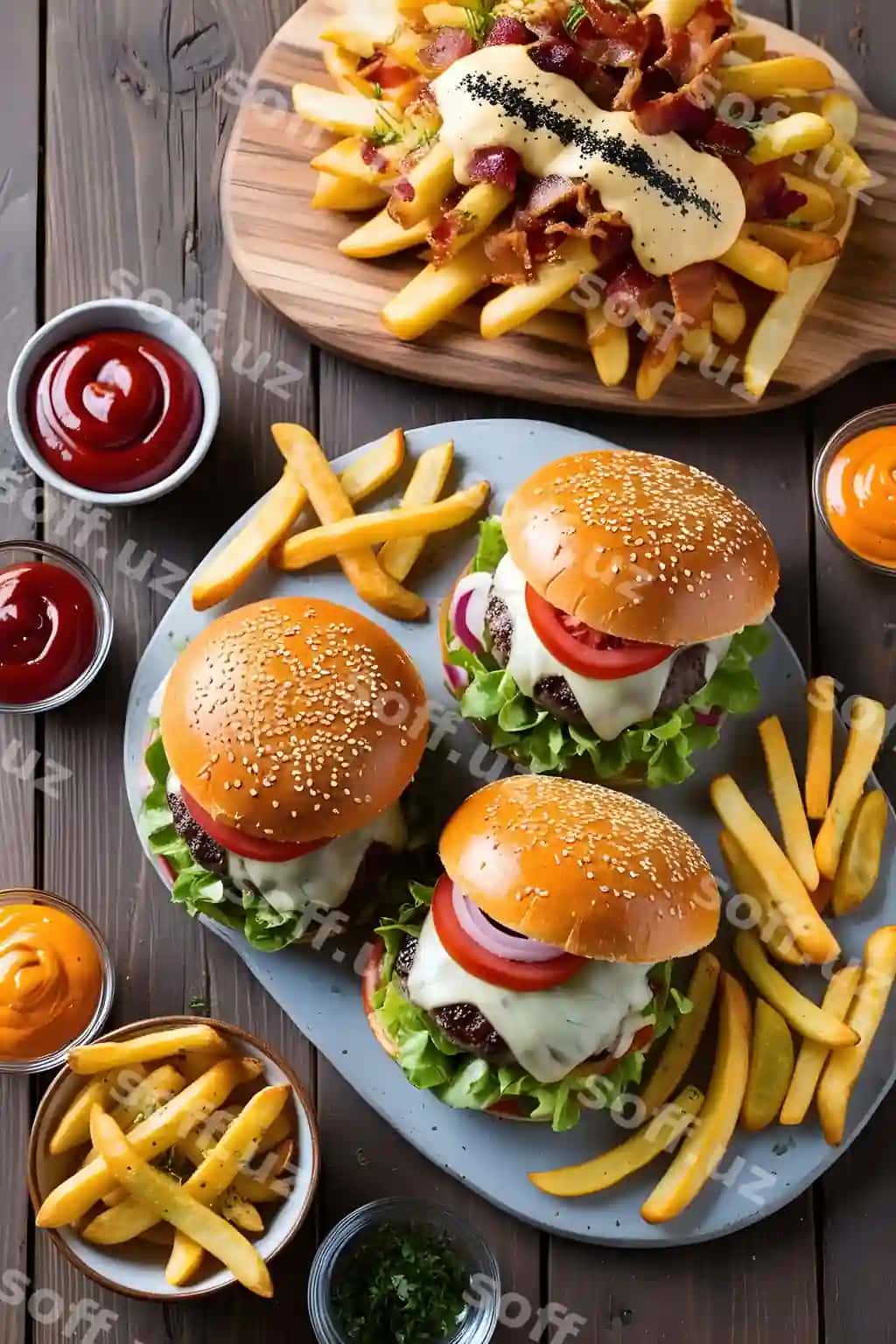 Gourmet cheeseburgerlar bacon frenc kartoshkasi bilan, dipping soslar, rustik atmosfera | Gourmet cheeseburgers with bacon french fries dipping sauces rustic setting