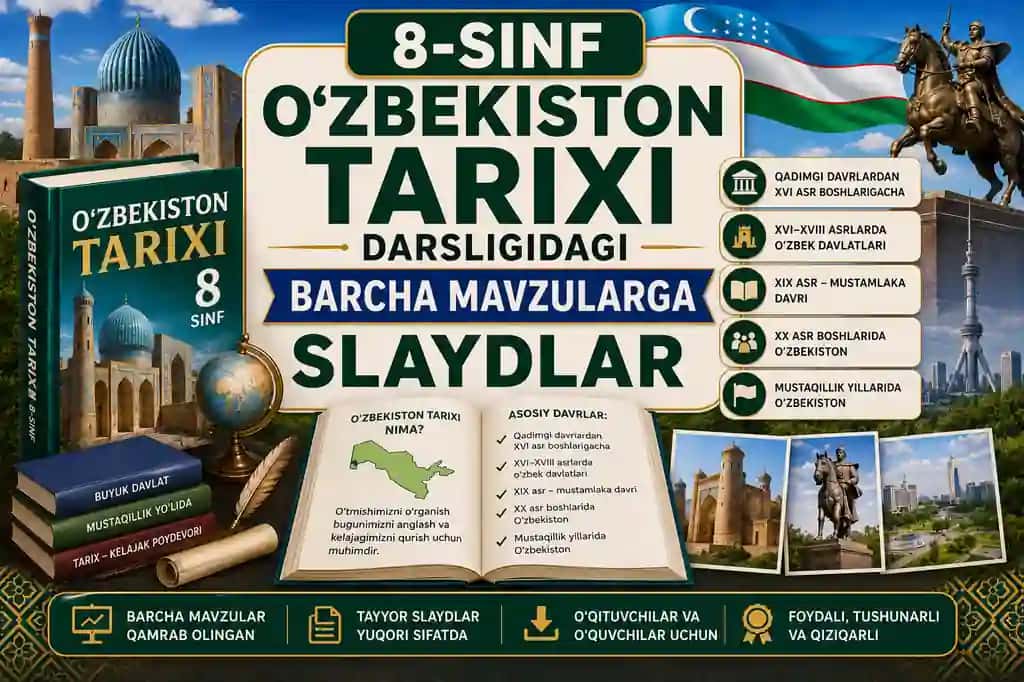 8-sinf O'zbekiston tarixi darsligidagi barcha mavzularga slaydlar