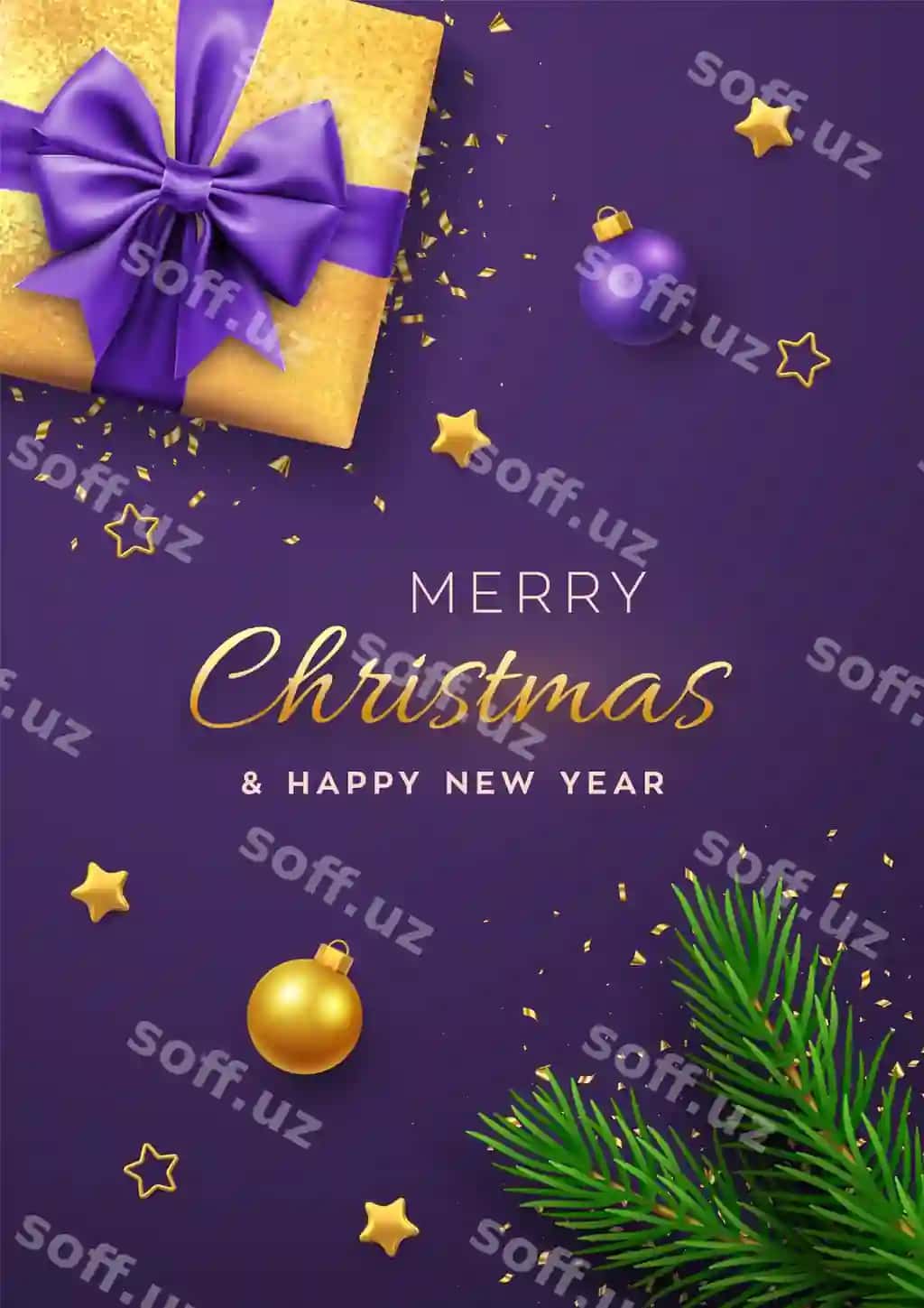 Nohorgi bayroq haqiqiy oltin sovg'a qutisi binafshee qayt va chinar darchalari bilan. | Christmas banner realistic gold gift box with purple bow pine branches 2