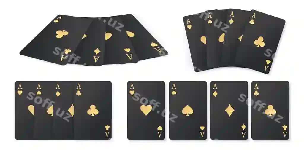 Qora poker kartalari oltin belgilar bilan oltin karta mavalalari to'rt aslar | Black poker cards with gold symbols golden card suits four aces 2