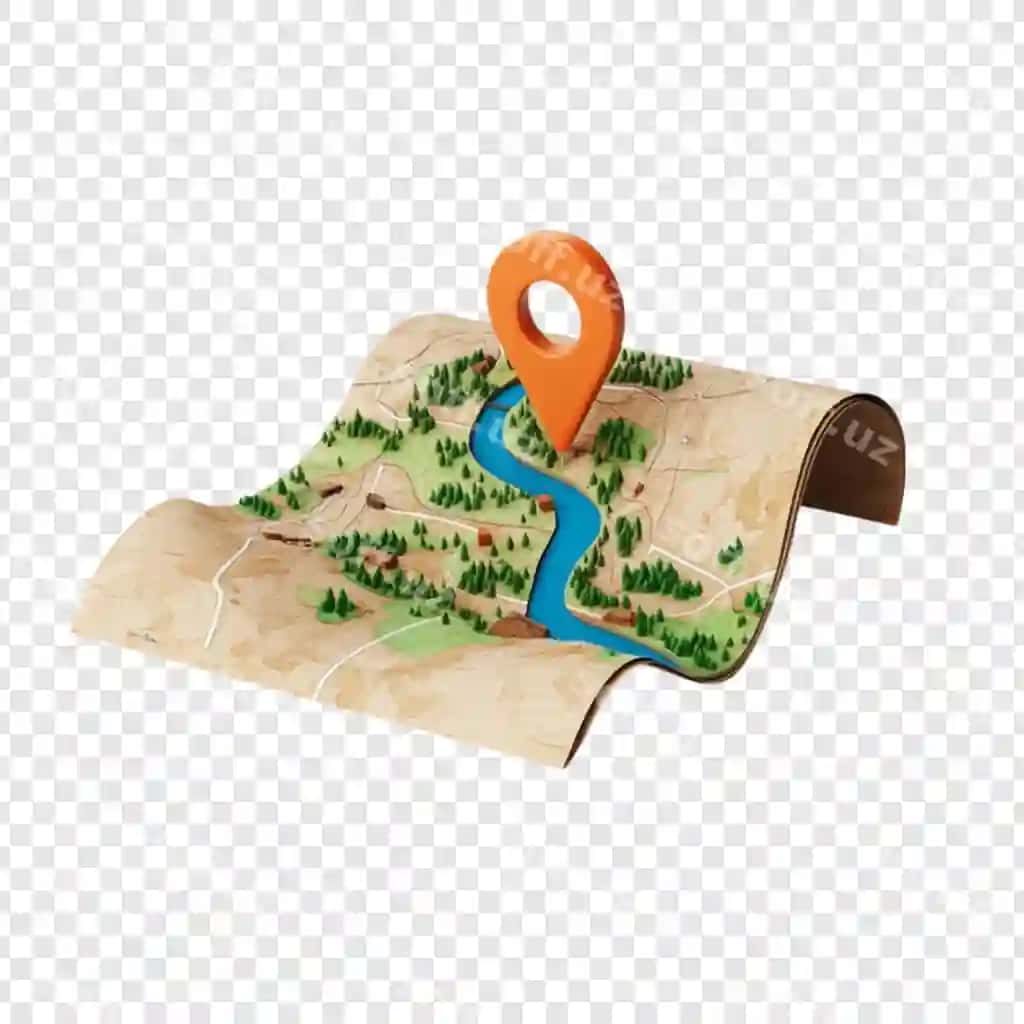 Apelsin rangli joy belgisi, aylanma xarita darya va yashil daraxtlarni ko'rsatuvchi | Orange location pin rolled map showing river green trees 2