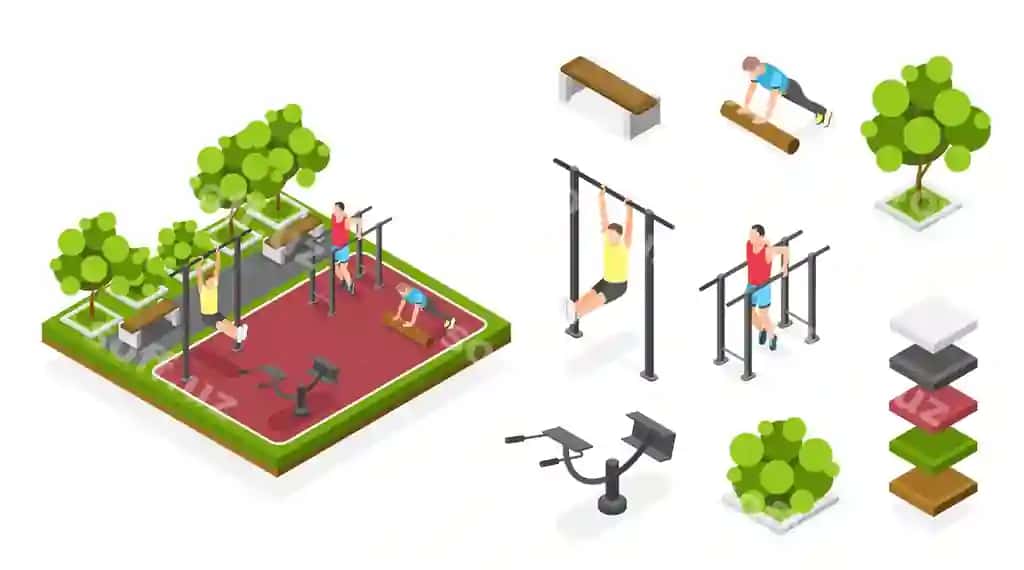 Mashina tashqi treningi izometrik kartun iконалар иллюстрацияси тўплами | Outdoor training isometric cartoon icons illustration set