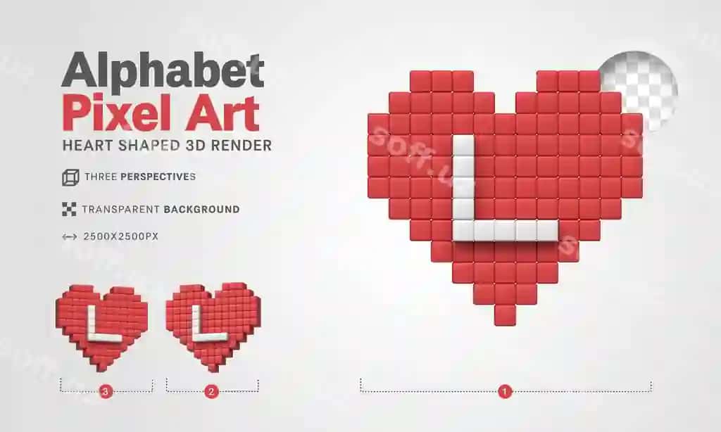 Harf l alfavit pixel art 3D render shaffof fon | Letter l alphabet pixel art 3d render transparent background 2