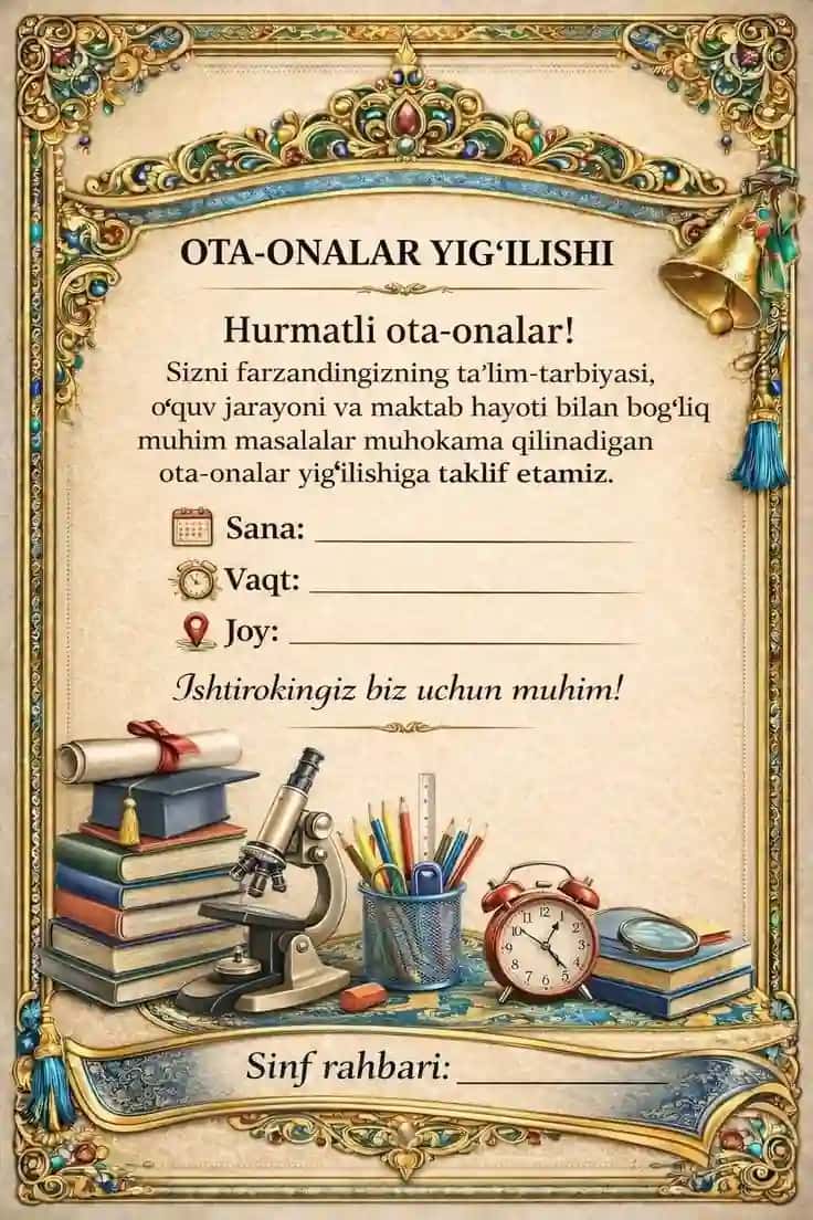Ota-onalar majlisi uchun taklifnoma shabloni