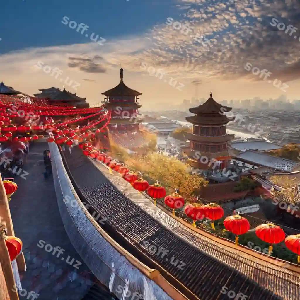 Qizil gulli ko'prik, xitoy pagodasi orqa fonda. | Bridge with red flower it chinese pagoda background