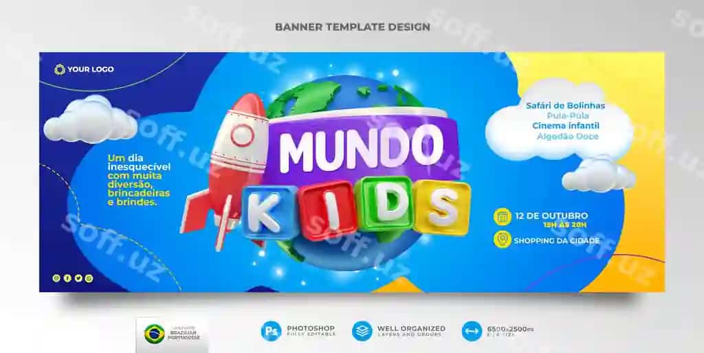 Bolalar dunyosi baner shabloni 3D render Portugalcha Braziliya marketing kampaniyasi | Kids world banner template 3d render brazil marketing campaign portuguese