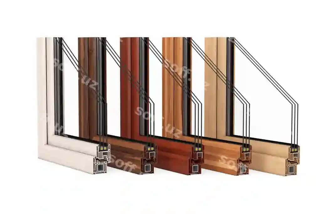 Kesilgan batafsil rangli deraza PVC profillar yog'och ranglari 3D render | Cut detailed colorful window pvc profiles wooden colors 3d rendering