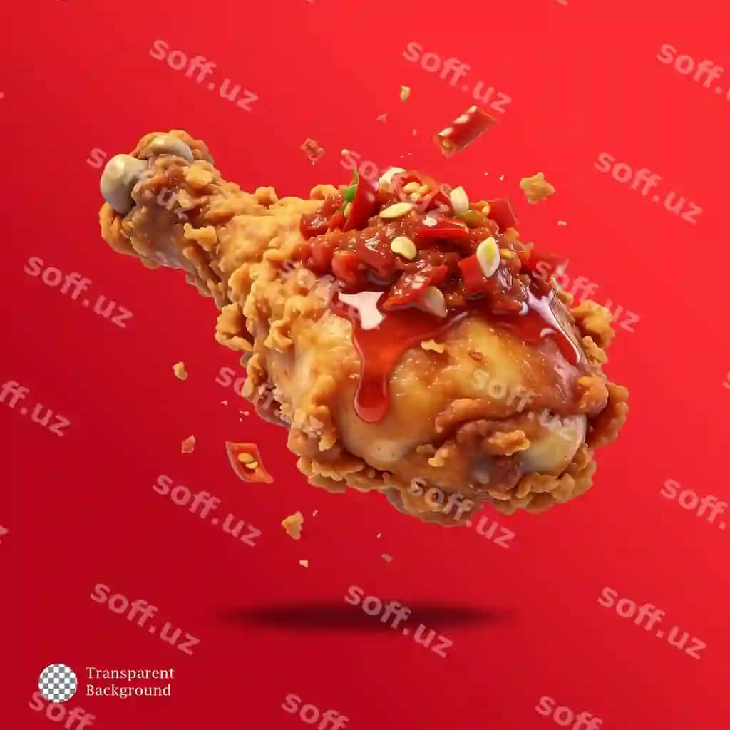 3d render qurilgan qovurilgan tovuq buzmachi achchiq sambal bilan qo'shilgan | 3d render crispy fried chicken drumstick topped with spicy sambal