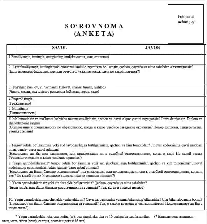 So'rovnoma-anketa blankasi