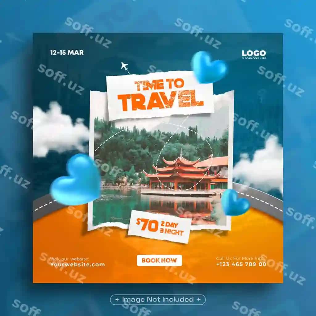 Sayohat turizmi ijtimoiy tarmoqlar shabloni foto freym bilan | Travel tourism socila media template with photo frame 2