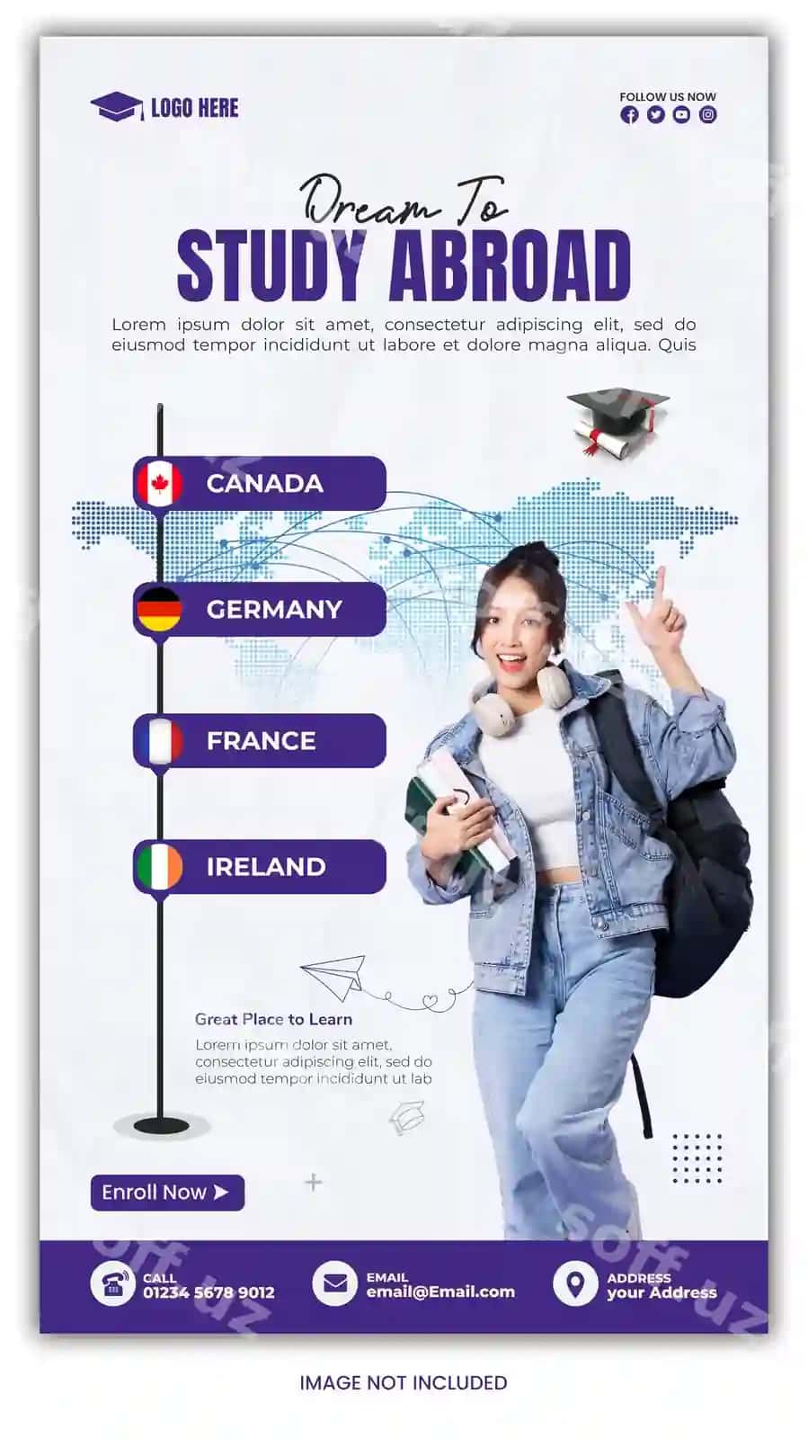 Chet ellarda o'quv plakati uchun mukammal PSD shablon, global ta'limni rag'batlantirish | Study abroad poster psd template perfect promoting global education 2