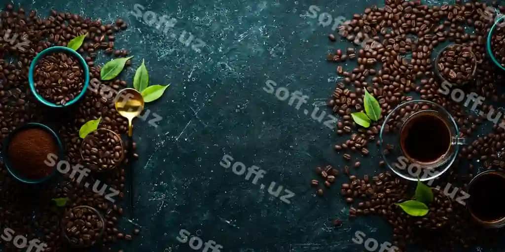 Qahvo orqa fonda qahvo kiyiklari qahvo bunyolari qora to'siq orqa fonda yuqori ko'rinish bosh joy matn | Coffee background coffee cups coffee beans black stone background top view free space text 2
