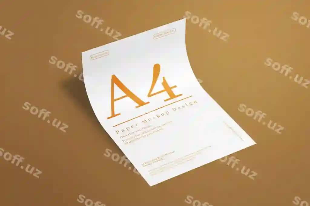 A4 qog'ozning yarımi qatlamgan effektli namunasi tikilgan yuzada | Half folded effect a4 paper mockup laying surface 2