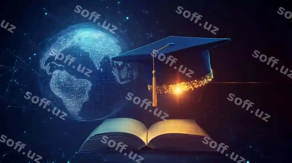 Kelajakchi ta'lim konsepsiyasi chimildagan bitiruv shlyapasi, ochilgan kitob, raqamli glob va qorong'u fonda | Futuristic education concept with glowing graduation cap open book digital globe dark background