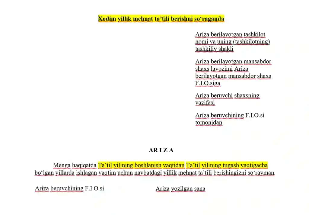Xodim yillik mehnat ta’tilini olish ariza namunasi