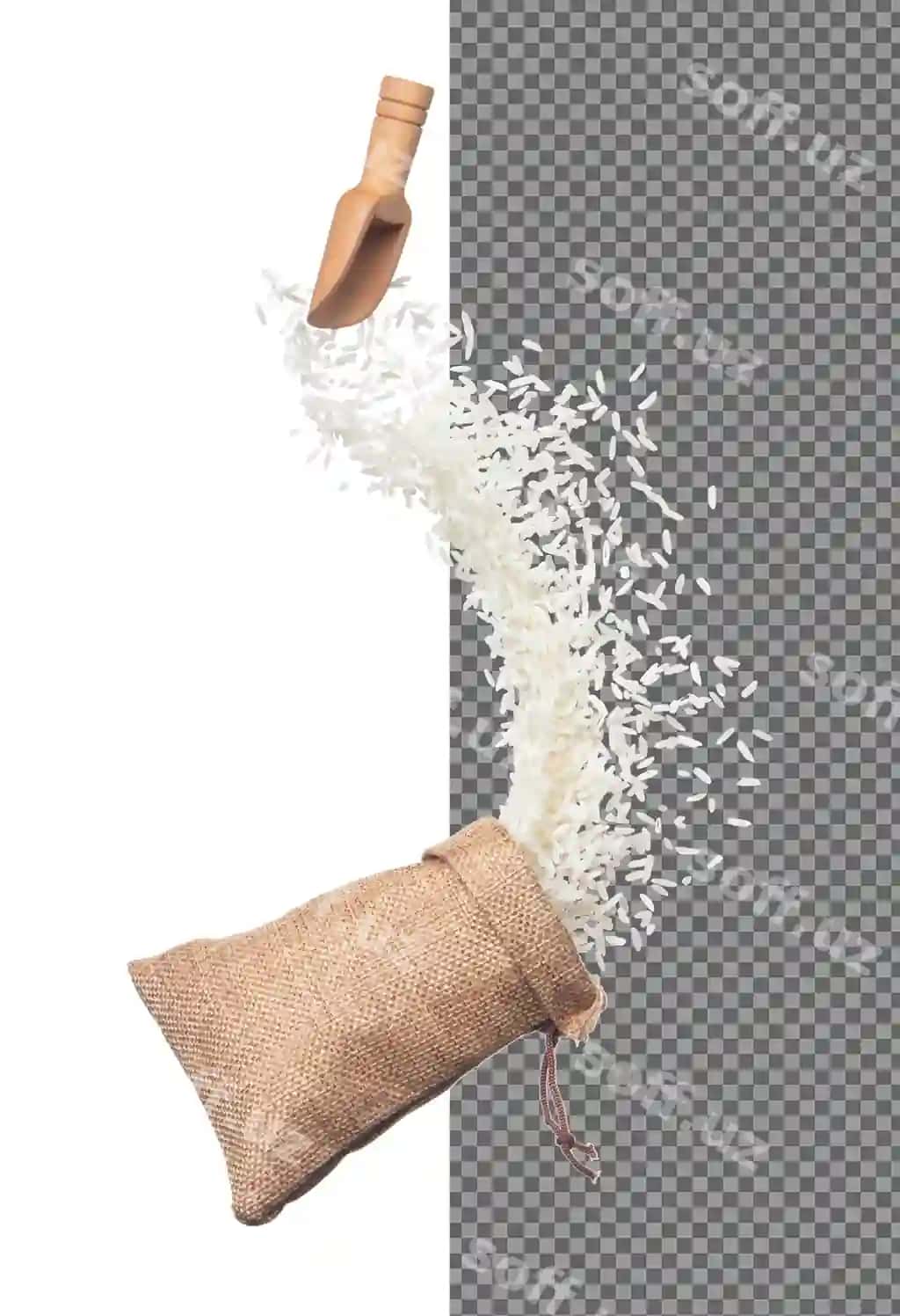 Yapon guruch chambar uchish portlashi oq don guruchlar tushadi anqarli | Japanese rice sack bag flying explosion white grain rices fall abstract