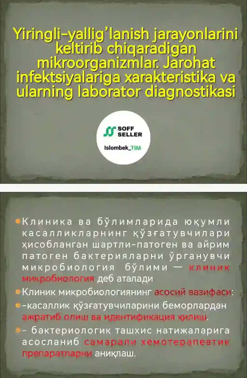 Yiringli-yallig’lanish jarayonlarini keltirib chiqaradigan mikroorganizmlar. Jarohat infektsiyalariga xarakteristika va  ularning laborator diagnostikasi