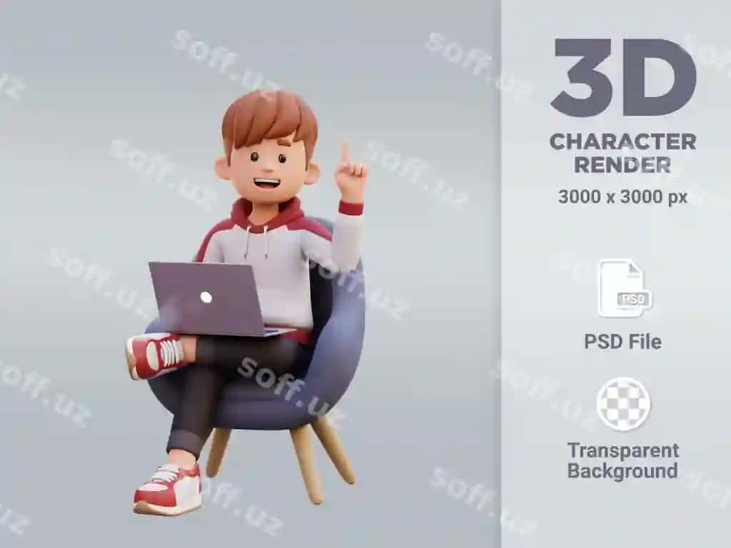 Multfil'm karyakteri o'tirgan stulda sarlavhali 3d karyakter renderingi | Cartoon character sitting chair with title 3d character rendering