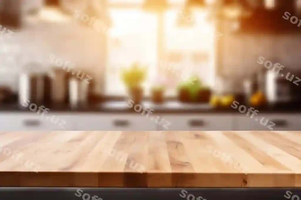 Yog'och stol usti bulgurilgan oshxona foni | Wood table top blurred kitchen background